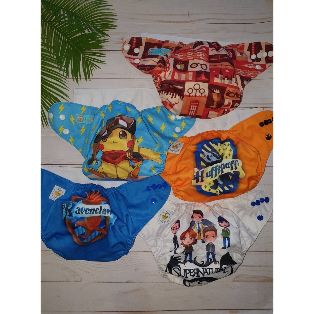 5 Reusable Cloth Pocket Diapers, Harry Potter Supernatural Pikachu, Adjustable